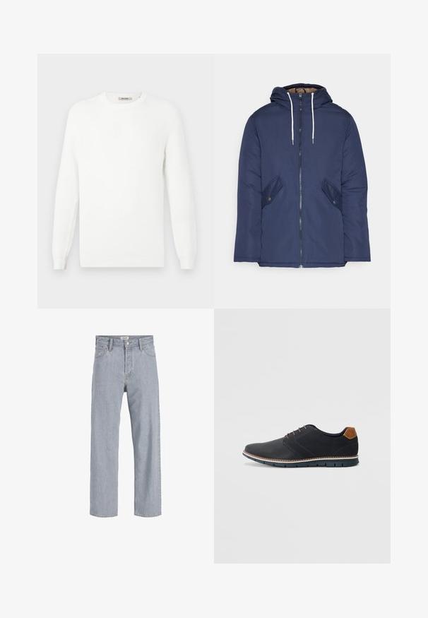 Tumesinine vahtkatseline jakk, millel on kapuuts, esilukk, kaks küljetaskut nupuga ja valged tõmblukud.; Valge kudum, millel on ümar kaelus ja soonikkoes varrukad. Tekstuur on õrnalt mustritega, millel on horisontaalsed triibud.; Heledad sinine teksapüksid, millel on mugav lõige, sirged sääred, nähtavad õmblused, kaks eesmist taskut ja nööbkinnisega sulgemine.; Mustavad sünteetilised jalatsid tekstureeritud pealsega, siledad aktsendid, pruun kand ja kontrastne tall. Omab minimaalset lukkude ja õmbluste dekoratsiooni.