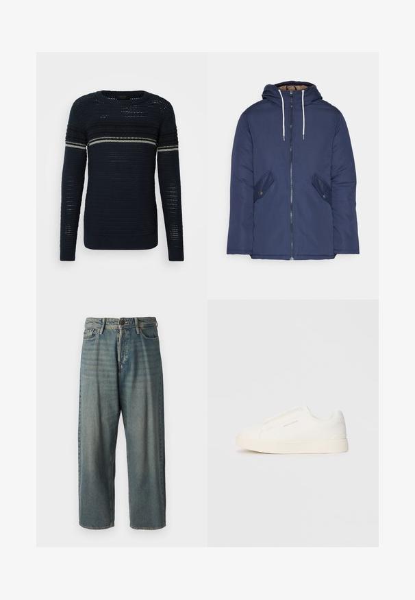 Marineblå polstret jakke med hette, med glidelås foran, to sidelommer med knapper og hvite snorer.; Marineblå genser i strikk med rund hals, med horisontale striper i lysere nyanser og et strukturert mønster gjennom hele plagget. Lange ermer.; Lyseblå denimjeans med løs passform, midjehøyde og rette ben. Har fem lommer, beltehemper og knappelukking.; Hvite slip-on joggesko med teksturert overflate, tykk såle og minimalistisk design. Har merkevarelogo på siden.