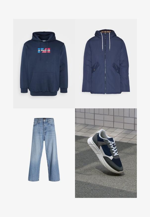 Jachetă căptușită bleu marin cu glugă, având un fermoar frontal, două buzunare laterale cu nasturi și șnururi albe.; Tricou cu glugă de culoare bleumarin, dintr-un material mixt de bumbac, cu un buzunar tip kangaroo, având un logo alb și colorat "JACK&JONES" pe piept.; Jeans din denim albastru deschis, cu picioare largi și talie înaltă, având un sistem de închidere cu nasturi, design cu cinci buzunare și o ușoară decolorare. Terminatii curate ale tivului.; Adidași cu un uppers din plasă albastră închisă, accente din suede gri, talpă din cauciuc alb și șireturi plate albe, concepuți pentru confort și respirabilitate.