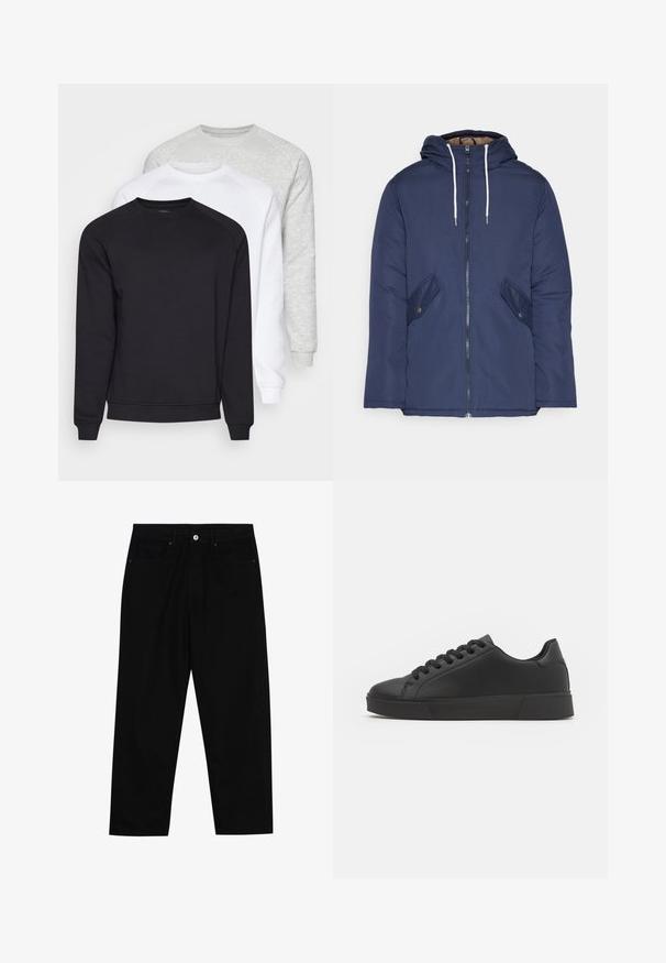 Veste matelassée bleu marine avec capuche, dotée d'une fermeture éclair à l'avant, de deux poches latérales avec boutons et de cordons de serrage blancs.; Trois sweat-shirts à col rond en noir, blanc et gris clair. Ils disposent de manches longues, de poignets côtelés et d'un tissu doux et texturé.; Pantalons en denim noir avec une coupe droite, un design à cinq poches et une fermeture à bouton à l'avant. Texture lisse avec des détails de couture minimaux.; Baskets basses noires en matériau synthétique lisse. Bout rond, design à lacets et semelle plate en caoutchouc avec des accents texturés.