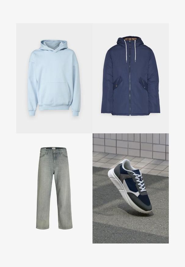 Navy plava podstava jakna s kapuljačom, koja ima prednji patentni zatvarač, dva bočna džepa s gumbima i bijele špage.; Only & Sons ONSCONNOR - Majica s kapuljačom - skyway; Svijetlosive, široke traperice napravljene od denima. Imaju klasičan dizajn s pet džepova, petlje za remen i ravni kroj nogavica.; Tenisice s gornjim dijelom od mrežastog materijala tamnoplave boje, siva antilopova naglašavanja, bijela gumena potplat i ravne bijele vezice, dizajnirane za udobnost i prozračnost.