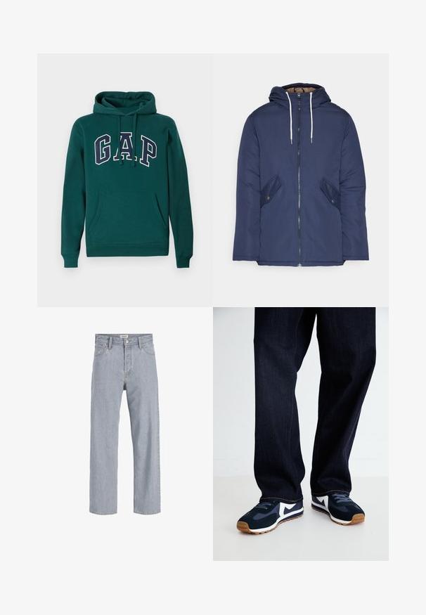 Giacca imbottita blu navy con cappuccio, dotata di zip frontale, due tasche laterali con bottoni e lacci bianchi.; Felpa verde scuro in misto cotone, con un grande logo "G.A.P." in bianco e blu navy, tasca a marsupio frontale e cappuccio con coulisse.; Jeans in denim azzurro chiaro con vestibilità rilassata, design a gamba dritta, cuciture visibili, due tasche frontali e chiusura con bottone.; Scarpe da ginnastica navy e bianche con una tomaia testurizzata, lacci e suola in gomma, abbinate a pantaloni di denim scuro con cuciture arancioni.