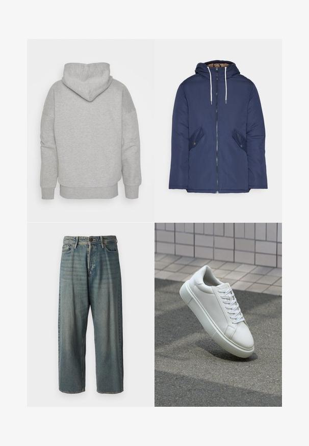 Mornarsko modra podložena jakna s kapuco, ki ima sprednji zadrgo, dva stranska žepa s gumbi in bele vrvice.; Siva kapuca s prilegajočo kapuco, širokimi rokavi in rebrastim robom. Mehka, teksturirana tkanina brez vidnih vzorcev ali kovinskih podrobnosti.; Svetlomoderne kavbojke z ohlapnim krojem, srednjim pasom in ravnimi nogami. Imajo pet žepov, zanke za pas in zapiranje na gumb.; Bela usnjena teniska obutev z gladko površino, okroglo konico in ravnimi belimi vezalkami. Ima teksturiran gumijast podplat in minimalne oblikovalske elemente.