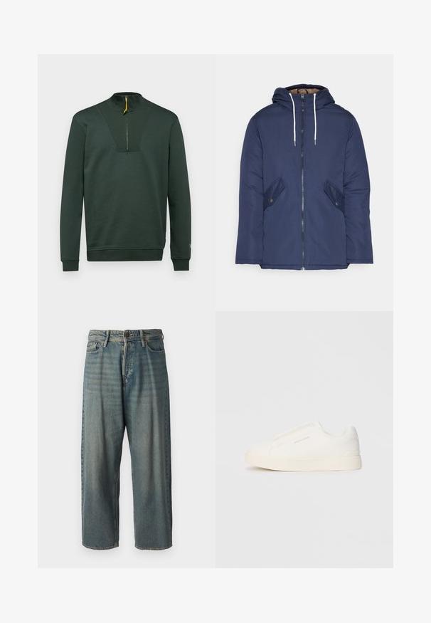 Tumesinine vahtkatseline jakk, millel on kapuuts, esilukk, kaks küljetaskut nupuga ja valged tõmblukud.; Tume roheline dress, millel on kõrge krae, pool tõmblukk kollase tõmbluku käepidemega ning soonikkoes detailid rinnal ja varrukaotsadel. Sile tekstuur.; Heledad sinine denim-stiilis teksad, volüümse lõike, keskmise kõrgusega talje ja sirgete säärega. Omab viit taskut, vöökumme ja nööpide sulgemist.; Valged libisemiskindlad tossud tekstuuriga pinnaga, paksu tallaga ja minimalistikus disainis. Küljel on brändi logo.
