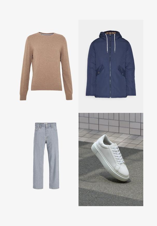 Tumesinine vahtkatseline jakk, millel on kapuuts, esilukk, kaks küljetaskut nupuga ja valged tõmblukud.; Pruun kootud kangast kampsun, millel on ümmargune kaelus ja pikad varrukad. Ribiga mansetid ja alaosa, ühtlane värv ja pehme tekstuur.; Heledad sinine teksapüksid, millel on mugav lõige, sirged sääred, nähtavad õmblused, kaks eesmist taskut ja nööbkinnisega sulgemine.; Valge nahkline sneka, millel on sile pind, ümar varvas ja lame valge pael. Omab tekstuuriga kummist talla ja minimaalset kujunduselementi.