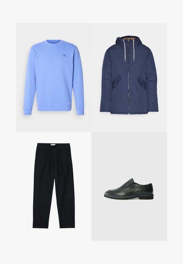 Námornícky modrá vystužená bunda s kapucňou, so zipsom vpredu, dvomi bočnými vreckami s gombíkmi a bielymi šnúrkami.; Svetlomodrá mikina vyrobená z mäkkej tkaniny, s okrúhlym výstrihom, rebrovanými manžetami a malým, nenápadným logom na hrudi.; Pier One Nohavice chinos - black; Čierny kožený nazúvací topánka s hladkým zvrškom, prešitými akcentmi, zaoblenou špičkou a nízkym gumovým podpätkom. Podošva má minimálny dezén.