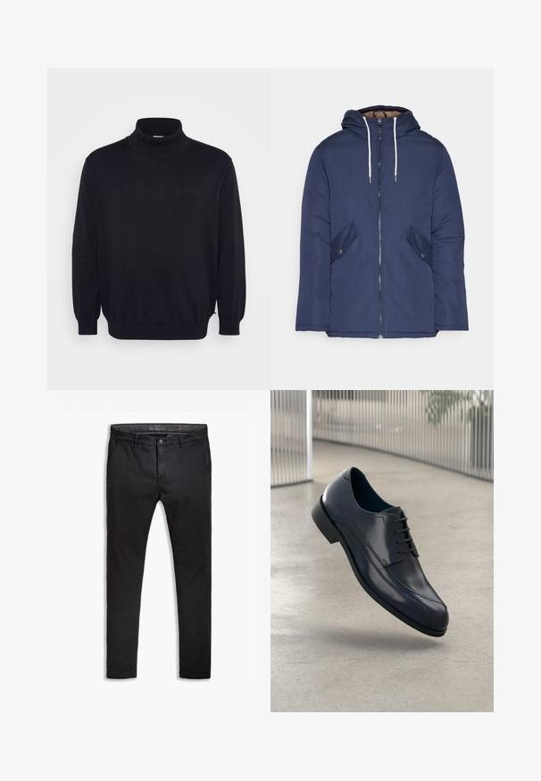 Veste matelassée bleu marine avec capuche, dotée d'une fermeture éclair à l'avant, de deux poches latérales avec boutons et de cordons de serrage blancs.; Pull à col roulé noir avec des manches longues, un col et des poignets côtelés, offrant une coupe décontractée et une texture lisse. Conçu pour un usage quotidien.; Chinos en coton noirs avec une coupe fuselée, dotés de cinq poches, passants de ceinture et d'une texture lisse. Braguette à zip avec fermeture boutonnée.; Souliers habillés en cuir noir brillant avec des lacets, flottant au-dessus d'un sol lisse gris clair et de barres métalliques verticales en arrière-plan.