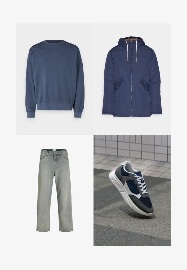 Mornarsko modra podložena jakna s kapuco, ki ima sprednji zadrgo, dva stranska žepa s gumbi in bele vrvice.; Temno moder majica iz mehkega materiala, s krožnim izrezom, dolgimi rokavi ter rebrastimi manšeti in robom. Preprost dizajn, brez vzorcev ali grafik.; Svetlo sivi, široki traperice iz denima. Ima klasični dizajn s pet džepova, petlje za remen i ravno krojenje.; Superge z zgornjim delom iz mrežaste tkanine v mornarsko modri barvi, sivi usnjeni poudarki, belo gumijasto podplato in ravnimi belimi vezalkami, zasnovane za udobje in zračnost.