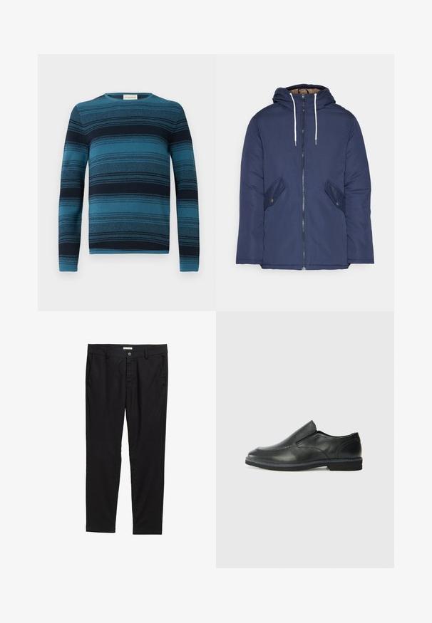 Marineblau gepadded Jacke mit Kapuze, ausgestattet mit einem Reißverschluss vorne, zwei seitlichen Taschen mit Knöpfen und weißen Kordeln.; Blau- und marineblauer gestreifter Pullover mit langen Ärmeln, rundem Ausschnitt, strukturiertem Stoff und detaillierten Strickmustern throughout.; Schwarze Hose aus glattem Stoff, mit einem Knopfverschluss, zwei vorderen Taschen und einer taillierten Passform.; Schwarze Leder-Slipper mit glattem Obermaterial, gesteppten Akzenten, runder Zehenpartie und niedrigem Gummiabsatz. Die Sohle hat ein minimales Profil.