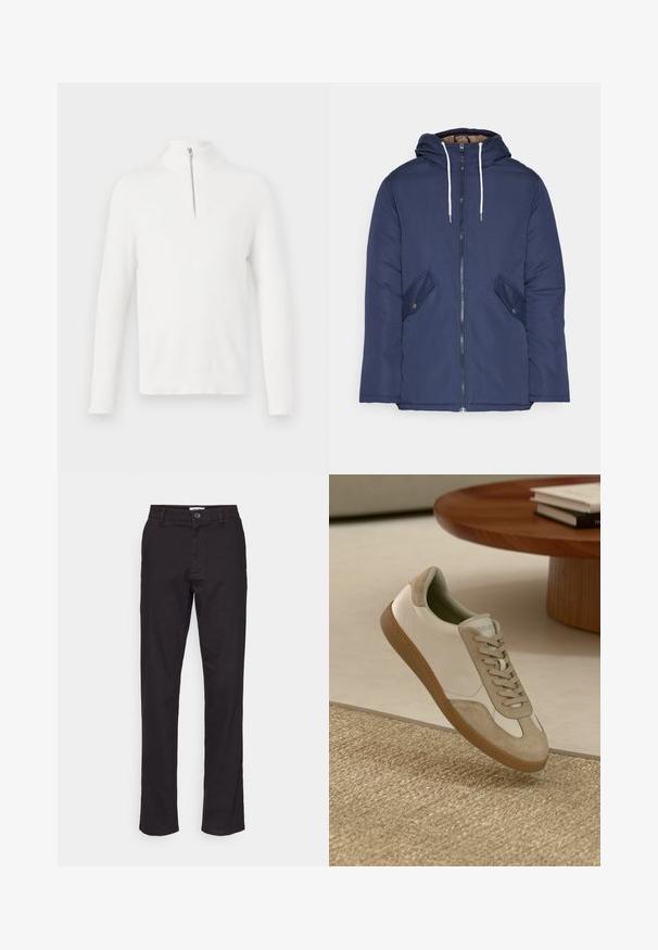 Chaqueta acolchada de color azul marino con capucha, cuenta con un cierre frontal de cremallera, dos bolsillos laterales con botones y cordones blancos.; Pulóver blanco de punto acanalado con mangas largas y cuello alto. Presenta un detalle frontal con cremallera plateada. Textura suave y forma ajustada.; Pantalones de algodón negros con un diseño de pierna recta, que cuentan con un cierre frontal de botón y bolsillos laterales. Textura suave y detalles mínimos.; Zapatillas ligeras con parte superior de cuero blanco y detalles en gamuza beige, punta redonda y suela de goma marrón texturizada.