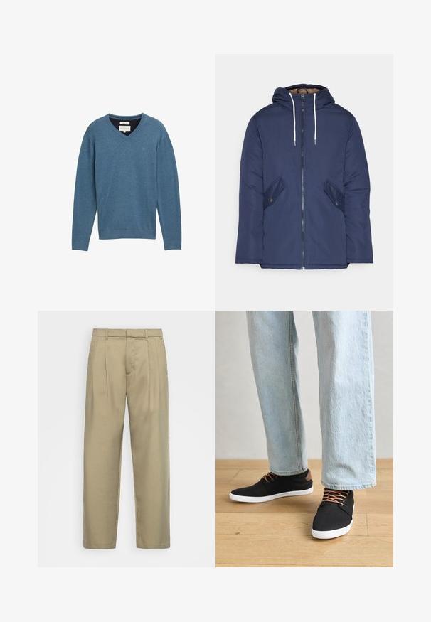 Giacca imbottita blu navy con cappuccio, dotata di zip frontale, due tasche laterali con bottoni e lacci bianchi.; Pullover blu in cotone con scollo a V, maniche lunghe e polsini a costine. Presenta un piccolo logo sul petto e un tessuto morbido e strutturato.; Pantaloni beige a vita alta con taglio dritto, dotati di una parte frontale liscia, tasche laterali e un tessuto morbido e testurizzato.; Sneaker nere in tela con dettagli marroni, suole in gomma bianca e lacci marroni, abbinate a jeans dritti azzurri. Sfondo in legno.
