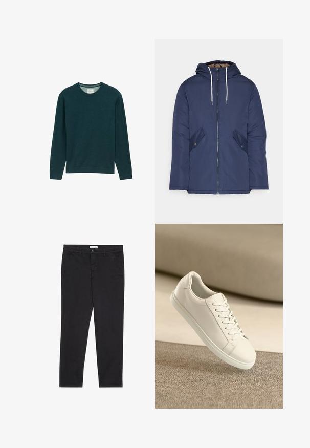 Navy plava podstava jakna s kapuljačom, koja ima prednji patentni zatvarač, dva bočna džepa s gumbima i bijele špage.; Tamnozeleni dukserica dugih rukava s rebrastim okruglim izrezom, mekanog tekstura i suptilnim logotipom sprijeda. Klasičan kroj.; Crne pamučne hlače uskog kroja, s dva bočna džepa i prednjim zatvaranjem na dugme. Teksturirana tkanina s suptilnim detaljima.; Bijele kožne tenisice s bijelim vezicama, prikazane na bež teksturiranoj površini s blagim zamućenim pozadinom.