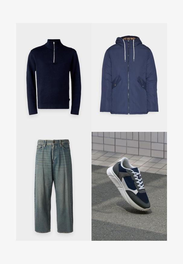 Navy plava podstava jakna s kapuljačom, koja ima prednji patentni zatvarač, dva bočna džepa s gumbima i bijele špage.; Jack & Jones PREMIUM JPRBLAMILANO HALF ZIP - Vesta - night sky; Svijetloplave traperice s širokim krojem, srednjim pojasom i ravnim nogavicama. Ima pet džepova, petlje za remen i kopčanje na gumb.; Tenisice s gornjim dijelom od mrežastog materijala tamnoplave boje, siva antilopova naglašavanja, bijela gumena potplat i ravne bijele vezice, dizajnirane za udobnost i prozračnost.