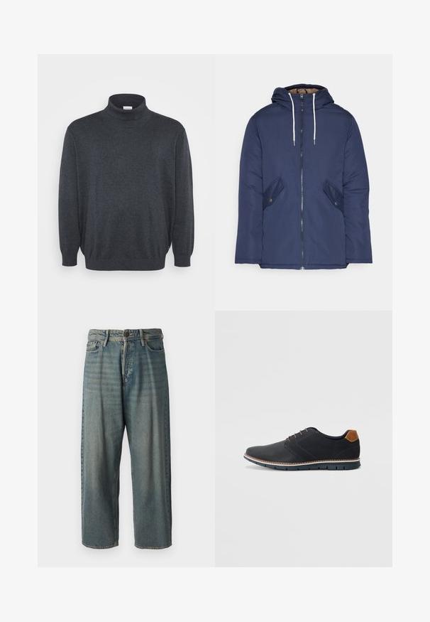 Marineblå polstret jakke med hette, med glidelås foran, to sidelommer med knapper og hvite snorer.; Jack & Jones JJEBASIC ROLL NECK - Strikkegenser - dark grey melange; Lyseblå denimjeans med løs passform, midjehøyde og rette ben. Har fem lommer, beltehemper og knappelukking.; Sorte syntetiske sko med en teksturert overdel, glatte detaljer, brun hæl og en kontrastfarge på sålen. Har minimalt snøring og sømdetaljer.