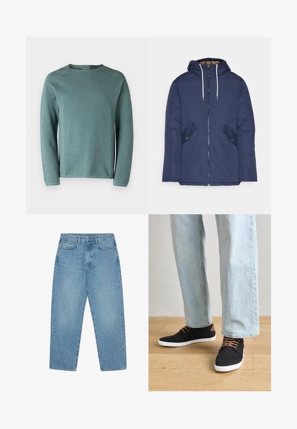 Marineblau gepadded Jacke mit Kapuze, ausgestattet mit einem Reißverschluss vorne, zwei seitlichen Taschen mit Knöpfen und weißen Kordeln.; Jack & Jones JJEHILL CREW NECK  - Strickpullover - goblin blue; Hellblaue Jeans im weit geschnittenen Stil mit hoher Taille, ausgestattet mit fünf Taschen, Gürtelschlaufen und einer weichen, leicht verblassten Textur.; Schwarze Leinen-Sneaker mit braunen Akzenten, weißen Gummisohlen und braunen Schnürsenkeln, kombiniert mit hellblauen Straight-Leg-Jeans. Hintergrund mit Holzboden.