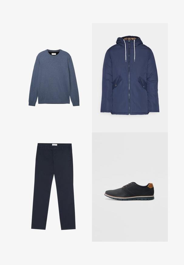 Jachetă căptușită bleu marin cu glugă, având un fermoar frontal, două buzunare laterale cu nasturi și șnururi albe.; Pulover cu guler rotund de culoare albastră închisă, realizat dintr-un material moale cu o textură netedă, având mâneci lungi și manșete și tiv din tricot.; Chino navy din bumbac, cu o textură netedă, având fermoar, bucle pentru curea și buzunare laterale pentru funcționalitate.; Pantofi sintetici negri cu un superior texturat, accente netede, toc maro și o talpă contrastantă. Prezintă un șnur minimalist și detalii de cusătură.
