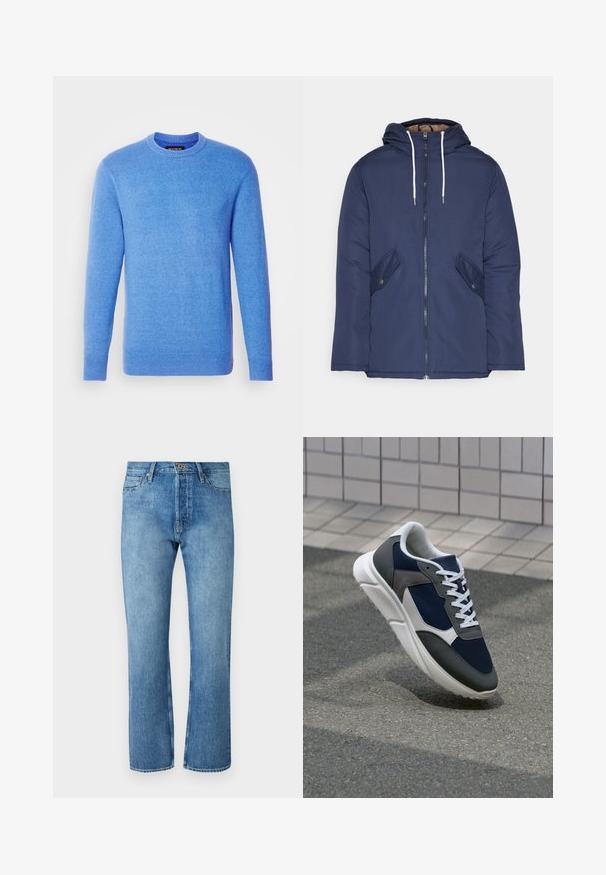 Navy blue padded jacket with a hood, featuring a front zipper, two side pockets with buttons, and white drawstrings.; Blue knit sweater with long sleeves, round neckline, ribbed cuffs and hem. Soft texture, even color, labeled at the inner neck.; Light blue denim jeans with a straight-leg cut, featuring a classic five-pocket design, a button closure, and contrasting stitching.; Sneaker featuring a navy blue mesh upper, gray suede accents, white rubber sole, and flat white laces, designed for comfort and breathability.