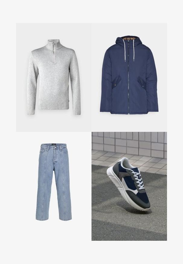 Marineblauwe gewatteerde jas met een capuchon, voorzien van een rits aan de voorkant, twee zijzakken met knopen en witte trekkoorden.; Jack & Jones PREMIUM JPRBLAMILANO HALF ZIP - Trui - light grey melange; Lichtblauwe denim jeans met een losse pasvorm, wijde benen en zichtbare stiksels. Voorzien van een knoop- en ritsluiting, vijf zakken.; Sneaker met een marineblauwe mesh bovenwerk, grijze suède accenten, witte rubberen zool en platte witte veters, ontworpen voor comfort en ademend vermogen.