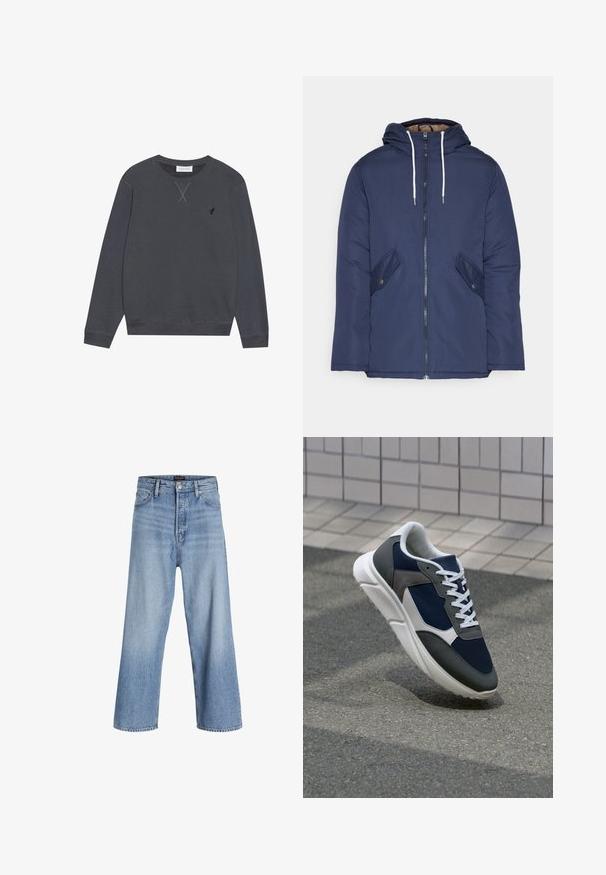 Námorně modrá prošívaná bunda s kapucí, která má přední zip, dvě boční kapsy s knoflíky a bílé šňůrky.; Tmavě šedý svetr, bavlněný materiál, kulatý výstřih, dlouhé rukávy, s detaily křížového šití na výstřihu, malým logem na levé hrudi.; Světle modré džínové kalhoty širokého střihu s vysokým pasem, s knoflíkovým zapínáním, pětikomorovým designem a jemným ombré efektem. Čistý lem.; Tenisky s horní částí z námornicky modré síťoviny, šedými semišovými akcenty, bílou gumovou podrážkou a plochými bílými tkaničkami, navržené pro pohodlí a prodyšnost.