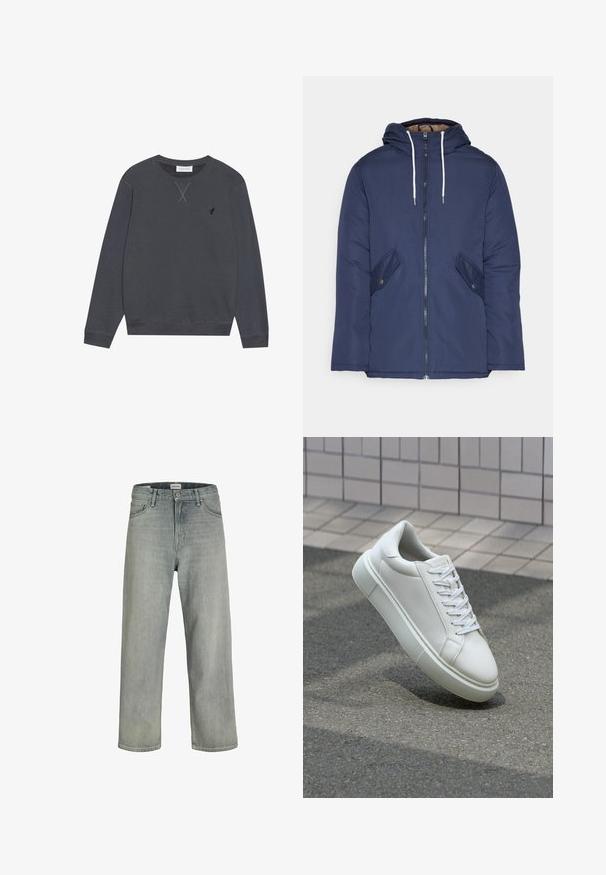 Chaqueta acolchada de color azul marino con capucha, cuenta con un cierre frontal de cremallera, dos bolsillos laterales con botones y cordones blancos.; Sudadera de color gris oscuro, material de algodón, cuello redondo, mangas largas, presenta un detalle de costura en forma de X en el escote, pequeño logotipo en el lado izquierdo del pecho.; Vaqueros de mezclilla de un gris claro y corte holgado. Presentan un diseño clásico de cinco bolsillos, pasadores de cinturón y una silueta de pierna recta.; Zapatilla de cuero blanca con una superficie lisa, punta redonda y cordones blancos planos. Presenta una suela de goma texturizada y elementos de diseño mínimos.