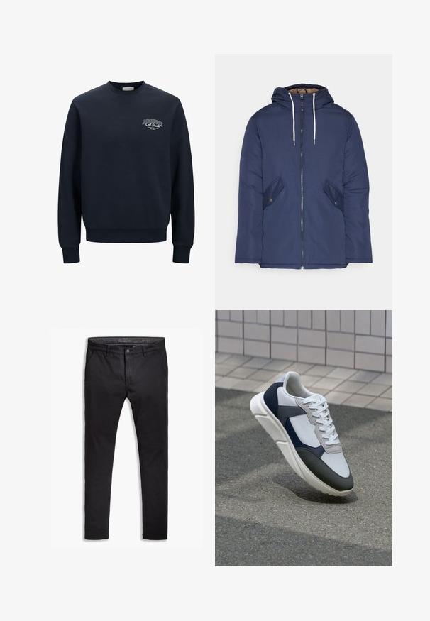 Námorně modrá prošívaná bunda s kapucí, která má přední zip, dvě boční kapsy s knoflíky a bílé šňůrky.; Námořnická modrá mikina z bavlněné směsi, s designem s kulatým výstřihem. Má žebrované manžety a lem, s bílým textem loga na levé hrudi.; Černé bavlněné chinos kalhoty s tapered střihem, vybavené pěti kapsami, poutky na opasek a hladkým povrchem. Zapínání na zip s knoflíkovým uzávěrem.; Bílé, námořnické a šedé tenisky s kombinovaným materiálovým designem, který zahrnuje texturovaný svršek, ploché šňůrky a polstrovanou podešev.