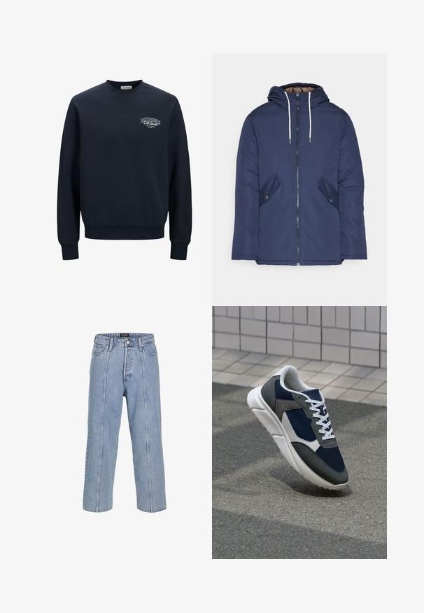 Sötétkék bélelt dzseki kapucnival, elülső cipzárral, két oldalsó zsebbel gombokkal és fehér húzózsinórokkal.; Sötétkék, pamutblendből készült pulóver, kerek nyakkivágással. Bordás mandzsettákkal és alsó résszel rendelkezik, a bal mellen fehér logófelirattal.; Világoskék farmernadrág laza fitte, széles szárakkal és látható varrási részletekkel. Gombos és cipzáras záródással, öt zsebével rendelkezik.; Cipő, amelynek sötétkék hálós felsőrésze, szürke velúr díszítései, fehér gumitalpa és lapos fehér fűzője van, a kényelem és a légáteresztő képesség érdekében tervezve.