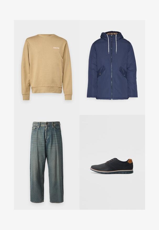 Jachetă căptușită bleu marin cu glugă, având un fermoar frontal, două buzunare laterale cu nasturi și șnururi albe.; Sweatshirt bej cu guler rotund și manșete ribbate, având inscripția subtilă "Club1990" în alb pe partea stângă a pieptului. Textură netedă.; Jeans din denim bleu deschis, cu o croială lejeră, talie medie și picioare drepte. Au cinci buzunare, bucle pentru curea și închidere cu nasture.; Pantofi sintetici negri cu un superior texturat, accente netede, toc maro și o talpă contrastantă. Prezintă un șnur minimalist și detalii de cusătură.
