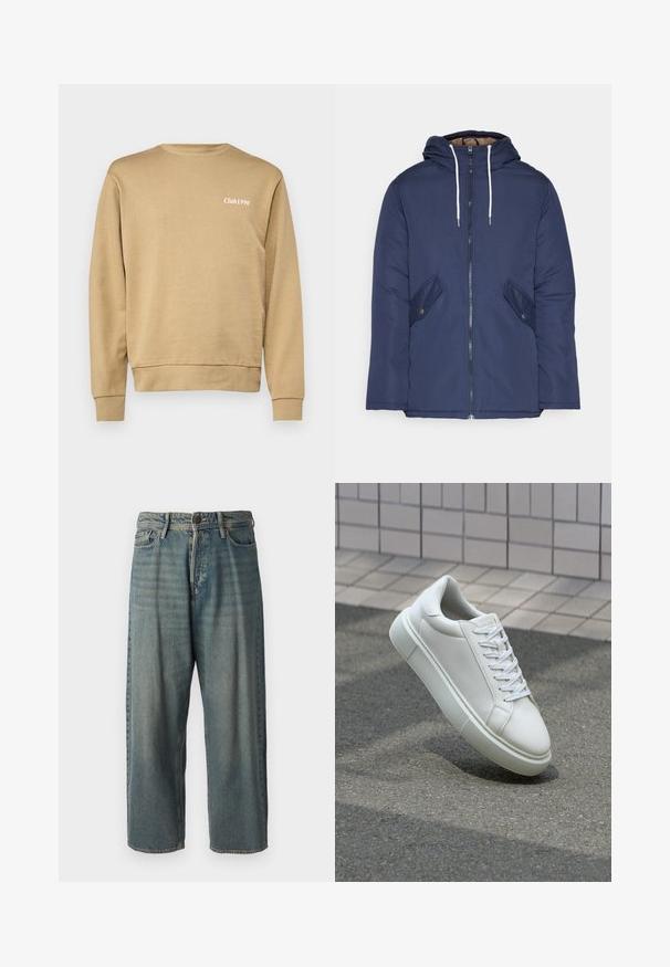 Námornícky modrá vystužená bunda s kapucňou, so zipsom vpredu, dvomi bočnými vreckami s gombíkmi a bielymi šnúrkami.; Béžová mikina s rebrovaným okrajom okolo krku a rukávov, naľavo na hrudi s jemným bielym textom "Club1990". Hladký povrch.; Svetlomodré denimové nohavice so voľným strihom, stredne vysokým pásom a rovnými nohavicami. Obsahujú päť vreciek, pútka na opasok a zapínanie na gombík.; Biele kožené tenisky s hladkým povrchom, okrúhlym špičkou a plochými bielymi šnúrkami. Obsahuje štruktúrovanú gumovú podrážku a minimalistický dizajn.