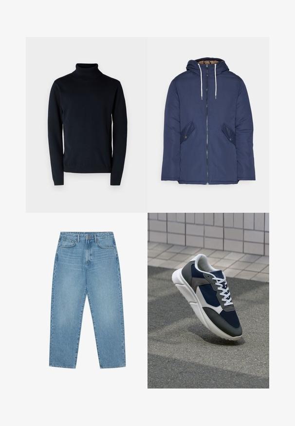 Veste matelassée bleu marine avec capuche, dotée d'une fermeture éclair à l'avant, de deux poches latérales avec boutons et de cordons de serrage blancs.; Pull-over en grosse maille marine foncé en tissu doux et extensible. Caractéristiques : manches longues et poignets et ourlet côtelés. Design simple et épuré.; Jean large en denim bleu clair avec taille haute, dotés de cinq poches, passants de ceinture et d'une texture douce légèrement délavée.; Baskets avec une tige en mesh bleu marine, des accents en suède gris, une semelle en caoutchouc blanc et des lacets plats blancs, conçues pour le confort et la respirabilité.