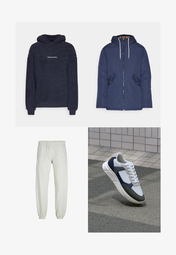 Chaqueta acolchada de color azul marino con capucha, cuenta con un cierre frontal de cremallera, dos bolsillos laterales con botones y cordones blancos.; Sudadera de felpa azul marino oscuro con mangas largas, puños y dobladillo acanalados, y texto "Originals Studio" centrado en el pecho.; Pantalones de chándal blancos hechos de una tela suave, con cinturilla y puños elásticos, que presentan una textura suave y un diseño holgado.; Zapatilla blanca, azul marino y gris con un diseño de materiales mixtos, que presenta una parte superior texturizada, cordones planos y una suela acolchada.