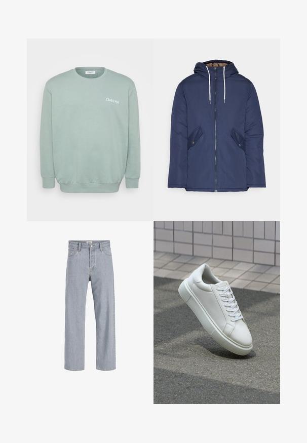 Giacca imbottita blu navy con cappuccio, dotata di zip frontale, due tasche laterali con bottoni e lacci bianchi.; Felpa a maniche lunghe verde menta realizzata in morbido misto cotone. Presenta polsini e orlo a costine, con la scritta "Club1990" stampata in bianco sul davanti.; Jeans in denim azzurro chiaro con vestibilità rilassata, design a gamba dritta, cuciture visibili, due tasche frontali e chiusura con bottone.; Sneaker bianco in pelle con superficie liscia, punta rotonda e lacci piatti bianchi. Presenta una suola in gomma texturizzata e un design minimale.