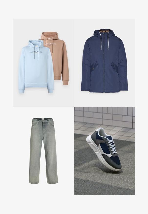 Marineblå polstret jakke med hette, med glidelås foran, to sidelommer med knapper og hvite snorer.; Hettegensere i lyseblå og beige, med en stor frontlomme, snøring i hetta, og "JACK & JONES" logo over brystet i kontrastfarger.; Lys grå, løstsittende jeans laget av denim. Har en klassisk fem-lomme-design, beltehemper og en rett ben-silhuett.; Sneakers med en navy blå mesh-overdel, grå sømværk, hvit gummisåle og flate hvite snører, designet for komfort og pusteevne.