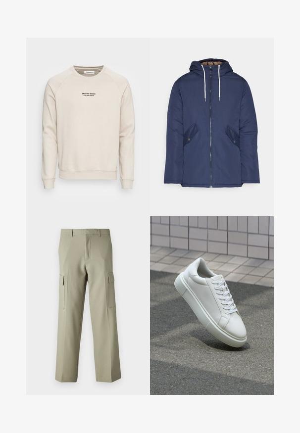 Chaqueta acolchada de color azul marino con capucha, cuenta con un cierre frontal de cremallera, dos bolsillos laterales con botones y cordones blancos.; Sudadera color crema con mangas raglán, puños y cintura de canalé. Presenta un logo de texto negro en la parte frontal. Tejido suave y texturizado.; Pantalones cargo verde claro con un diseño de pierna recta, que presentan bolsillos laterales y una textura de tela suave. Se muestra la vista trasera.; Zapatilla de cuero blanca con una superficie lisa, punta redonda y cordones blancos planos. Presenta una suela de goma texturizada y elementos de diseño mínimos.