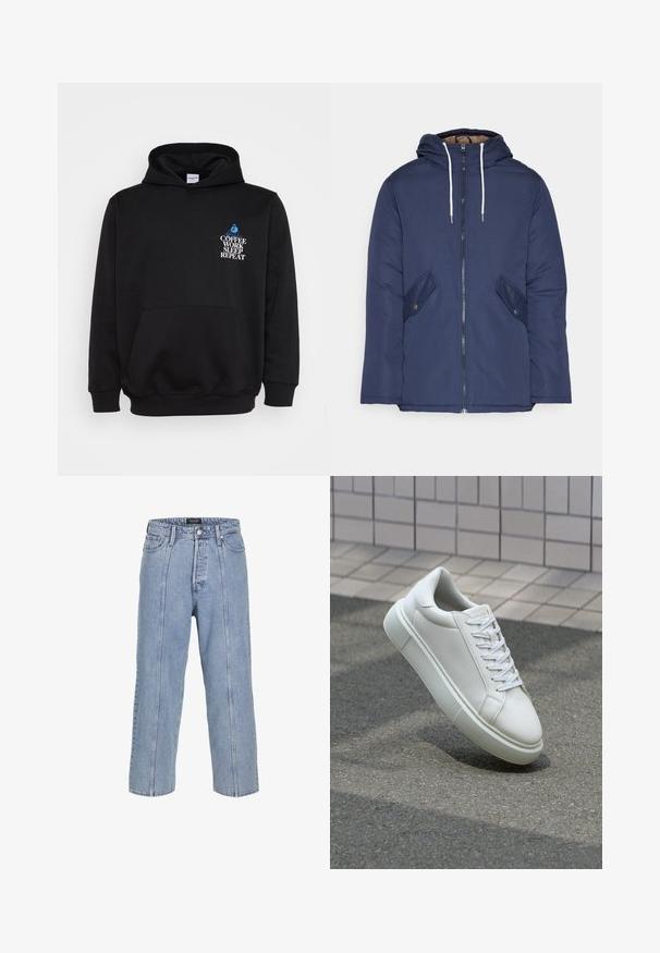 Marineblauwe gewatteerde jas met een capuchon, voorzien van een rits aan de voorkant, twee zijzakken met knopen en witte trekkoorden.; Zwarte hoodie met een voorvak. Beschikt over witte en blauwe tekst: "KOFFIE WERK SLAAP HERHALEN" boven een afbeelding van een zittend persoon.; Lichtblauwe denim jeans met een losse pasvorm, wijde benen en zichtbare stiksels. Voorzien van een knoop- en ritsluiting, vijf zakken.; Witte leren sneaker met een glad oppervlak, ronde neus en platte witte veters. Voorzien van een gestructureerde rubberen zool en minimale ontwerpelementen.
