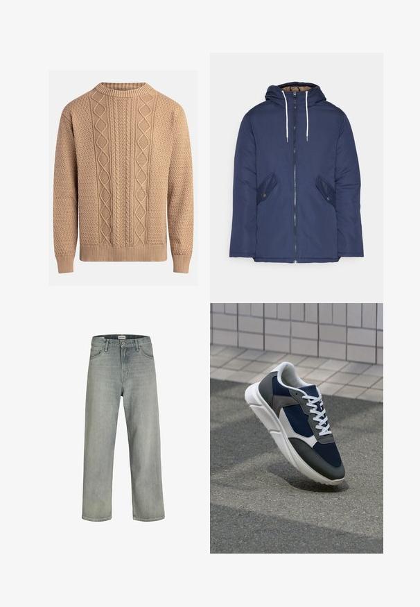 Mørkeblå polstret jakke med hætte, fremhævet af en frontlynlås, to sidelommer med knapper og hvide snore.; Striktrøje i beige med strukturerede mønstre. Har rund hals, ribkantede ærmer og varierende kabelstrikdesigns på forsiden.; Lysegrå, løstsiddende jeans lavet af denim. Har et klassisk fem-lomme design, bæltestropper og en lige ben silhuet.; Sneakers med en overdel i marineblå mesh, grå suedeteksturer, hvid gummisål og flade hvide snørebånd, designet til komfort og åndbarhed.