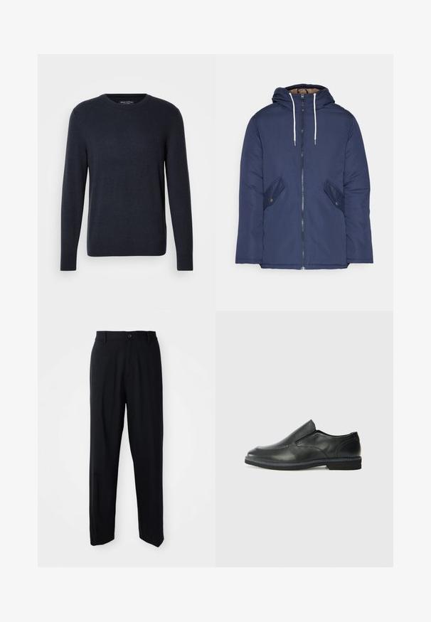 Marineblauwe gewatteerde jas met een capuchon, voorzien van een rits aan de voorkant, twee zijzakken met knopen en witte trekkoorden.; Marineblauwe crewneck trui van zacht breiwerk, met lange mouwen en een subtiele logo op de borst, afgewerkt met geribbelde manchetten en een zoom.; Zwarte rechte broek met riemlussen, knoopsluiting en een strakke, minimalistische uitstraling op een neutrale achtergrond.; Zwarte leren instapper met een soepele bovenkant, gestikte accenten, ronde neus en een lage rubberen hak. De zool heeft minimale profiel.