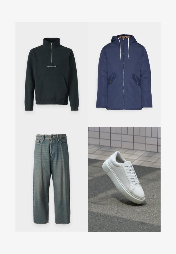Navy plava podstava jakna s kapuljačom, koja ima prednji patentni zatvarač, dva bočna džepa s gumbima i bijele špage.; Jack & Jones JORVESTERBRO QUARTER ZIP - Vesta od flisa - forest river; Svijetloplave traperice s širokim krojem, srednjim pojasom i ravnim nogavicama. Ima pet džepova, petlje za remen i kopčanje na gumb.; Bijela kožna tenisica s glatkom površinom, okruglim vrhom i ravnim bijelim vezicama. Ima teksturiran gumeni potplat i minimalne dizajnerske elemente.