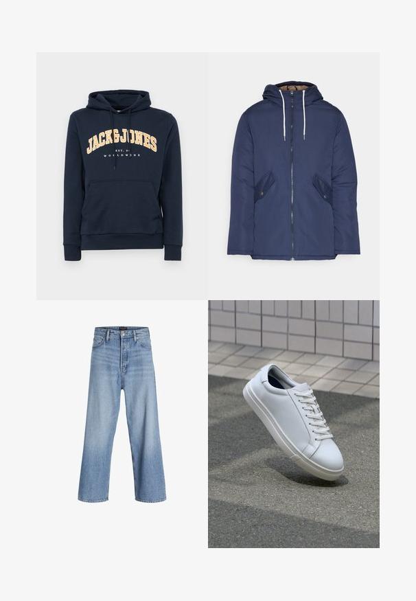 Marineblå polstret jakke med hette, med glidelås foran, to sidelommer med knapper og hvite snorer.; Marineblå hettegenser med en frontlomme, snøring i hetta og hvit logo-tekst "JACK & JONES" i gult som buer over brystet.; Lys blå denim vide bukser med høj talje, der har en knaplukning, fem-lomme design og subtilt slidte områder. Rette kanter.; Hvit lær sneakers med en jevn tekstur, snøring og avrundet tå. Har en teksturert gummisåle og minimalistiske detaljer.