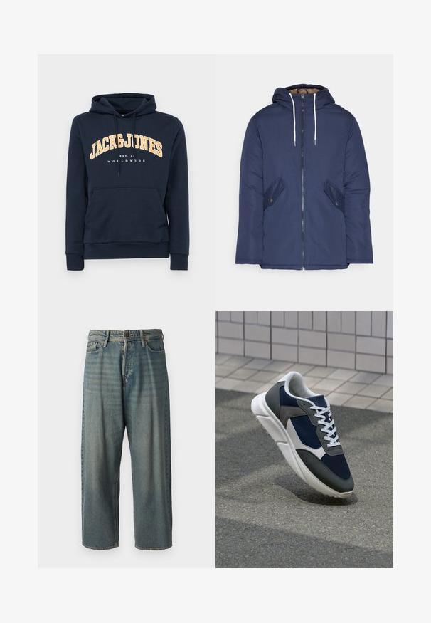 Granatowa pikowana kurtka z kapturem, z zamkiem z przodu, dwoma bocznymi kieszeniami z guzikami oraz białymi sznurkami.; Granatowa bluza z kapturem z przednią kieszenią, sznurkiem w kapturze i białym napisem "JACK & JONES" w żółtym łuku na klatce piersiowej.; Jasnoniebieskie dżinsy o luźnym kroju, średnim stanie i prostych nogawkach. Posiadają pięć kieszeni, szlufki na pasek oraz zapięcie na guzik.; Sneakers z granatową siateczkową cholewką, szarymi zamszowymi akcentami, białą gumową podeszwą i płaskimi białymi sznurówkami, zaprojektowane z myślą o komforcie i wentylacji.