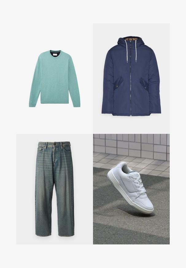 Jūrinė mėlyna pūkinė striukė su kapišonu, turinti priekinį užtrauktuką, dvi šonines kišenes su sagomis ir baltus raiščius.; Šviesiai mėlynas džemperis, pagamintas iš minkštos medžiagos, su ilgomis rankovėmis, apvaliu kaklu, raišteliais ant rankovių ir lygiu paviršiumi su subtilia tekstūra.; Šviesiai mėlyni džinsai su laisvu siluetu, vidutinio aukščio juosmeniu ir tiesiomis kojomis. Su penkiais kišenėmis, diržo kilpo ir mygtukų uždarymu.; Baltos odinės sportinės bateliai su perforuotais šonais, tekstūruotais akcentais, plokščiomis raištelėmis ir kontrastingu pilku kulnu. Yra šiek tiek pakelti padas.