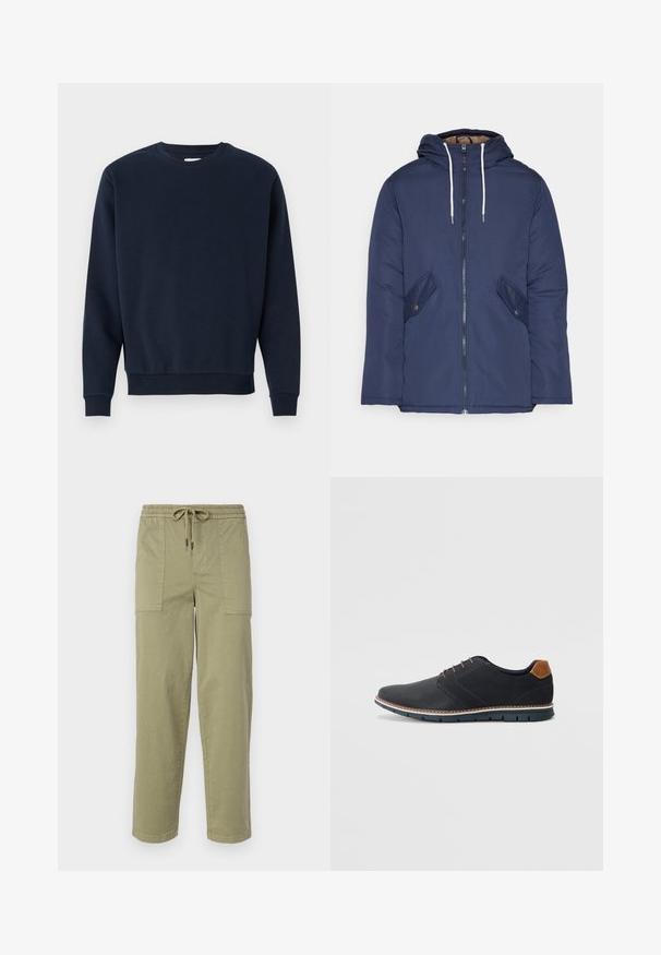 Navy blue padded jacket with a hood, featuring a front zipper, two side pockets with buttons, and white drawstrings.; Navy blue cotton sweatshirt with a crew neck, long sleeves, and ribbed cuffs and hem. Smooth texture, minimal design, no visible logos.; Light olive green pants made of cotton blend fabric, featuring an elastic waistband with drawstring, and two large side pockets.; Black synthetic shoes with a textured upper, smooth accents, brown heel, and a contrasting sole. Features minimal lacing and stitch details.