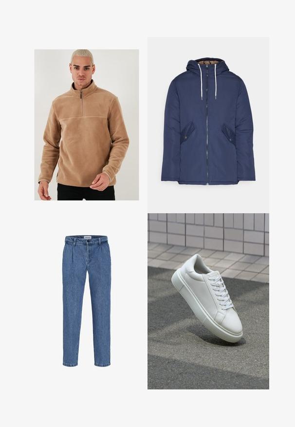 Giacca imbottita blu navy con cappuccio, dotata di zip frontale, due tasche laterali con bottoni e lacci bianchi.; Pullover in pile color sabbia con collo mezza zip e maniche lunghe. Presenta una texture liscia e un colore uniforme senza motivi o accenti.; Pantaloni in denim azzurro chiaro con taglio morbido, presentano un'alta vita, due pieghe frontali e un orlo con risvolto. Chiusura semplice con bottone e zip.; Sneaker bianco in pelle con superficie liscia, punta rotonda e lacci piatti bianchi. Presenta una suola in gomma texturizzata e un design minimale.