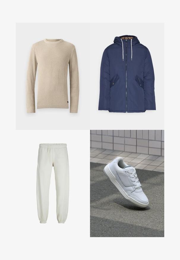 Jūras zila pufīgā jaka ar kapuci, kas aprīkota ar priekšējo rāvējslēdzēju, divām sānu kabatām ar pogām un baltiem aukliņām.; Beige ribots džemperis ar apaļu kaklu, garām piedurknēm un teksturētu audumu. Iespējo neliels uzlīme pie apakšmalas.; Baltas treniņbikses, izgatavotas no mīkstas auduma, ar elastīgu jostu un piedurknēm, gluda tekstūra un brīva piegriezuma dizains.; Baltas ādas sporta apavi ar perforētiem sāniem, teksturētām akcentiem, plakanu šņorēšanu un kontrastējošu pelēku papēdi. Iezīmē nedaudz paaugstinātu zole.