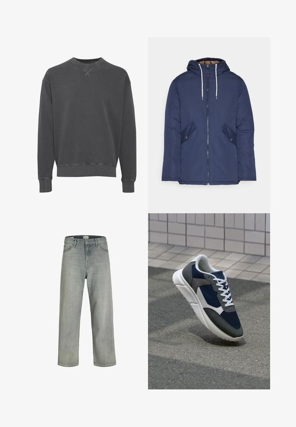 Navy blue padded jacket with a hood, featuring a front zipper, two side pockets with buttons, and white drawstrings.; Dark gray crewneck sweatshirt made of cotton blend, featuring ribbed cuffs and hem, with a textured finish and subtle stitching details.; Light gray, loose-fitting jeans made of denim. Features a classic five-pocket design, belt loops, and a straight leg silhouette.; Sneaker featuring a navy blue mesh upper, gray suede accents, white rubber sole, and flat white laces, designed for comfort and breathability.