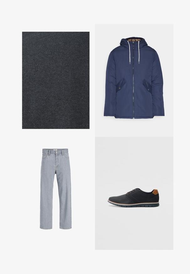 Marineblauwe gewatteerde jas met een capuchon, voorzien van een rits aan de voorkant, twee zijzakken met knopen en witte trekkoorden.; Zwarte katoenstof met een gladde textuur, met een consistente breipatroon en zonder zichtbare versieringen of hardwaredetails.; Lichtblauwe denim jeans met een relaxed fit, rechte pijpen, zichtbare stiksels, twee voorzakken en een knoopsluiting.; Zwarte synthetische schoenen met een gestructureerde bovenkant, gladde accenten, bruine hak en een contrasterende zool. Bevat minimale veters en stikdetails.