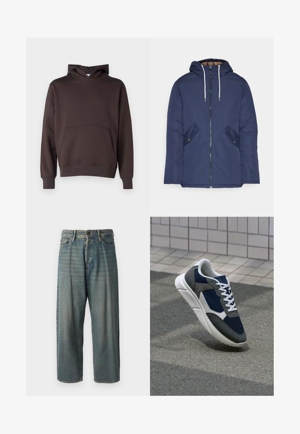 Mornarsko modra podložena jakna s kapuco, ki ima sprednji zadrgo, dva stranska žepa s gumbi in bele vrvice.; Rjava kapuca z zadrgo, izdelana iz mehkega blaga, z sprednjim žepom, rebrastimi manšetami in robom ter klasično A-linijo.; Svetlomoderne kavbojke z ohlapnim krojem, srednjim pasom in ravnimi nogami. Imajo pet žepov, zanke za pas in zapiranje na gumb.; Superge z zgornjim delom iz mrežaste tkanine v mornarsko modri barvi, sivi usnjeni poudarki, belo gumijasto podplato in ravnimi belimi vezalkami, zasnovane za udobje in zračnost.