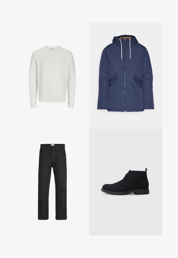 Giacca imbottita blu navy con cappuccio, dotata di zip frontale, due tasche laterali con bottoni e lacci bianchi.; Camicia a maniche lunghe in off-white, tessuto testurizzato. Design con collo a giro e spalle senza cuciture, orlo dritto. Nessun motivo o dettaglio visibile.; Pantaloni neri realizzati in tessuto resistente, caratterizzati da un design a gamba dritta, dettagli cuciti e due tasche frontali per la funzionalità.; Stivaletti neri in suede sopra la caviglia con punta arrotondata, design alla allacciatura e suola in gomma testurizzata. Presentano una piccola linguetta sul retro.