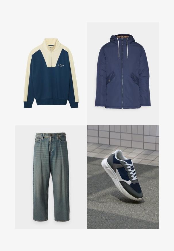 Navy blue padded jacket with a hood, featuring a front zipper, two side pockets with buttons, and white drawstrings.; Navy and cream pullover sweater with a half-zip collar, featuring a V-shaped design and logo text on the chest. Soft cotton blend material.; Light blue denim jeans with a loose fit, mid-rise waist, and straight legs. Features five pockets, belt loops, and a button closure.; Sneaker featuring a navy blue mesh upper, gray suede accents, white rubber sole, and flat white laces, designed for comfort and breathability.