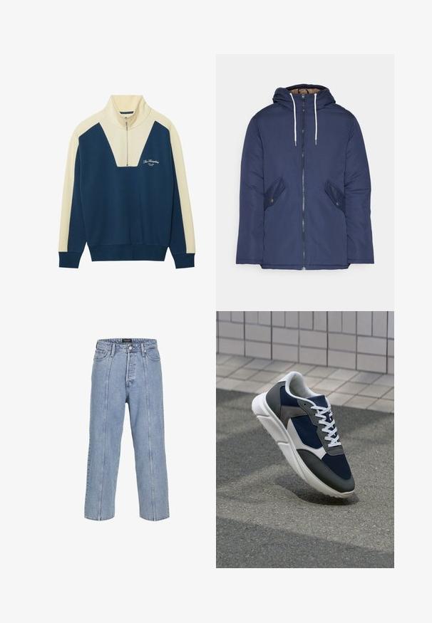 Giacca imbottita blu navy con cappuccio, dotata di zip frontale, due tasche laterali con bottoni e lacci bianchi.; Maglione a pullover blu navy e crema con colletto a half-zip, caratterizzato da un design a forma di V e testo del logo sul petto. Materiale in morbido misto cotone.; Jeans in denim blu chiaro con una vestibilità ampia, gambe larghe e dettagli di cucitura visibili. Presenta una chiusura con bottone e zip, cinque tasche.; Sneaker con tomaia in rete blu navy, inserti in suede grigio, suola in gomma bianca e lacci bianchi piatti, progettata per comfort e traspirabilità.