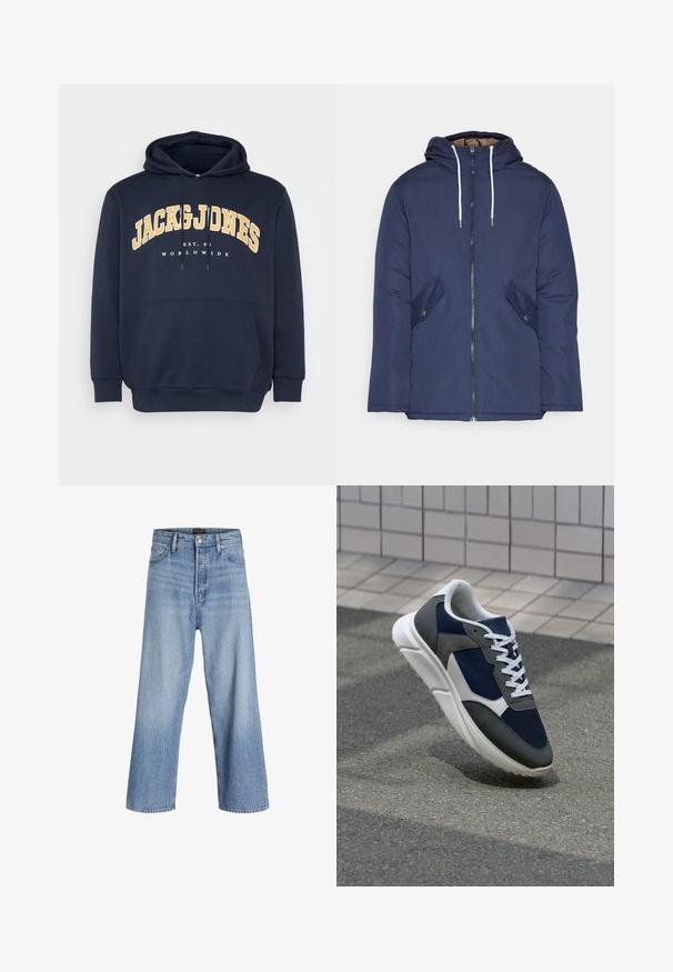 Jūrinė mėlyna pūkinė striukė su kapišonu, turinti priekinį užtrauktuką, dvi šonines kišenes su sagomis ir baltus raiščius.; Tamsiai mėlynas džemperis su kišene, raišteliais ir ryškiai geltonu tekstu "JACK & JONES" virš "EST. 1990" ir "WORLDWIDE."; Šviesiai mėlyni džinsai su plačiomis kojomis ir aukštu liemeniu, su sagų užsegimu, penkių kišenių dizainu ir subtiliu nudilimu. Švariai apkarpytas apvadas.; Sportiniai bateliai su tamsiai mėlynu tinkliniu viršumi, pilkais zomšiniais akcentais, balta guma padanga ir plokščiomis baltomis raištelėmis, sukurti komfortui ir oro pralaidumui.